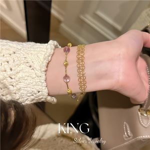 King Silver Jewelry Amethyst Bead Necklace <b>Bracelet</b> Set 925 Sterling Silver Gold Plated Women's Fashion Jewelry - Product Image 4