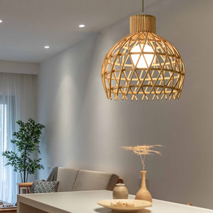 Lustre en rotin tissé à la main, 50cm, rond, couleur naturelle, lampe suspendue LED pour salon, chambre à coucher, salle à manger - Product Image 1