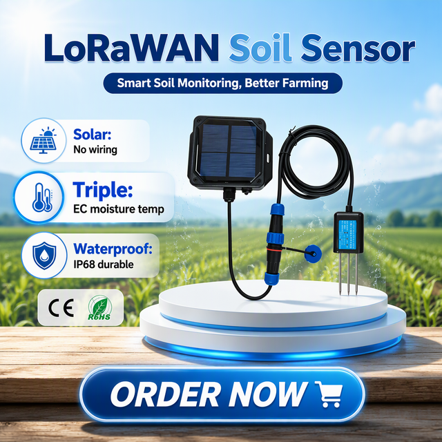 LoRaWAN Solar Soil EC Moisture Temperature Sensor Wireless 3 in 1 Agricultural Probe IP68 Waterproof