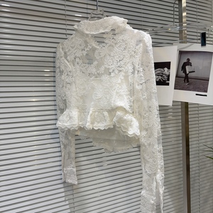 Camicia bianca per bambine con ricami <span class=keywords><strong>in</strong></span> pizzo e <span class=keywords><strong>Tulle</strong></span>, colletto arruffato e chiusura a bottone singolo per 2025 primaverile. - Product Image 6