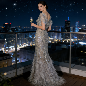 Vestido de Noche de Alta Costura con Plumas Blancas y Cuentas, Estilo Sirena, para Banquetes y Actuaciones, Talla Grande - Product Image 3