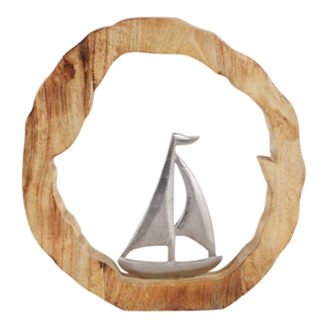 Scultura in legno di mango con figurina di barca a vela per decorazione d'interni - Product Image 1