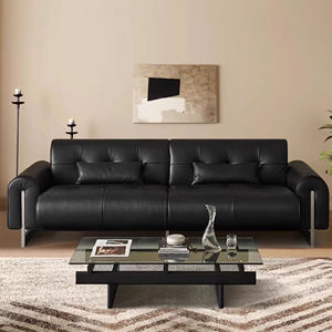 Canapé droit en cuir minimaliste italien, style rétro, structure en bois massif noir, cuir de vachette pleine fleur pour salon - Product Image 1