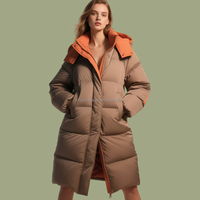 Doudounes et manteaux personnalisés ODM/OEM pour femmes, 90 % duvet de canard blanc, à capuche, blocs de couleur horizontaux, longs, amples, style streetwear, pour l'hiver