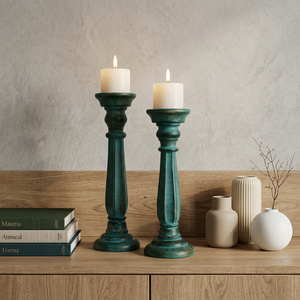 Porte-bougie en bois vert vintage en forme de colonne pour la décoration de la maison - Product Image 1