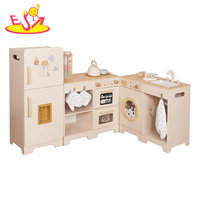 Set Dapur Mainan Anak 3-in-1 dari Kayu dengan Kulkas dan Stasiun Cuci, Mainan Dapur Pura-Pura Besar dengan Aksesoris W10K090