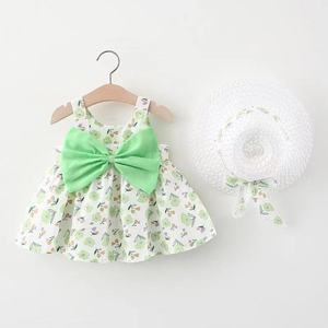Vestido floral sin mangas para bebé niña con lazo grande y sombrero de paja a juego, conjunto de verano estilo A-Line mini adorable - Product Image 6