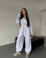 Ensemble survêtement décontracté deux pièces gris clair pour femme, avec sweat à capuche court imprimé et pantalon de jogging, style streetwear oversize
