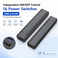 Hub USB 3.0 de 16 Puertos con 16 Interruptores Individuales, Adaptador de Corriente de 12V 7.5A, Carcasa de ABS, en Stock, Garantía de 12 Meses para PC