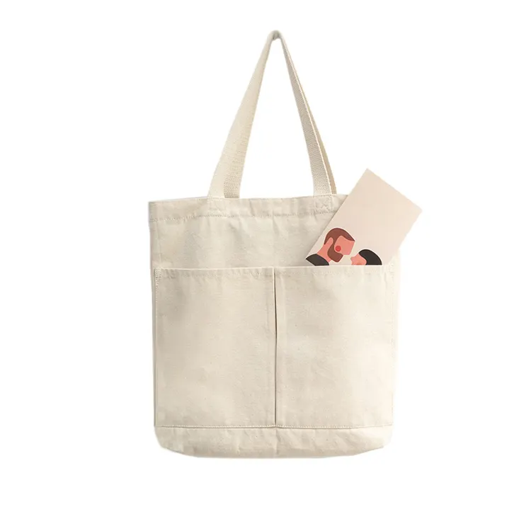 natural color blank plain custom printed logo pocket canvas cotton tote bag