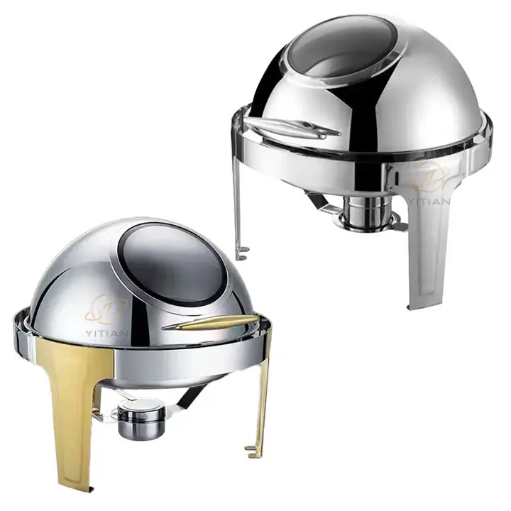 New Product Buffet Heater 6L Round Luxury Roll Top Stainless Steel Chafing Dish With Glass Lid