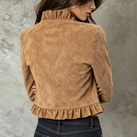 Blazer court en daim à volants personnalisé pour femme, boutonnage simple, boutons dorés, coupe ajustée, style vintage élégant, vêtement d'extérieur OEM