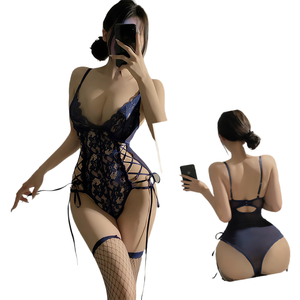 Lingerie sexy en dentelle, tentation mystérieuse, bretelles creuses, anneau en acier, body sculptant, une pièce, Europe et États-Unis - Product Image 1