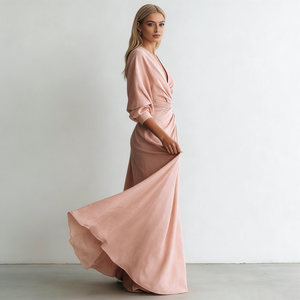Robes <span class=keywords><strong>pour</strong></span> femmes, rose clair, col en V profond, manches bouffantes, satin plissé torsadé, élégante, formelle, longue - Product Image 2