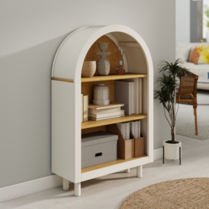 Libreria ad Arco Piccola con Ripiani Bianchi Effetto Legno, Mobile Moderno a 3 Livelli per Casa, Ufficio e Soggiorno - Product Image 2