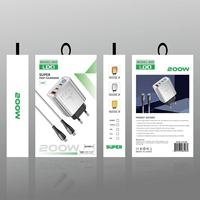 Cargador Rápido de 200W con 2 Puertos Tipo-C + USB, Cargador Rápido PD Tipo C para Teléfono Móvil con Cable de Carga USB C, Adaptador de Corriente USB-C de 200W