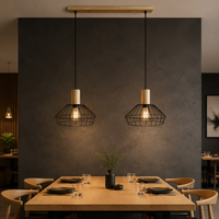 Lampe suspendue en fil de fer pour décoration intérieure, lanterne créative nordique en cage, lampe suspendue en bois pour salle à manger, bar, restaurant