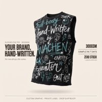 T-shirt sans manches personnalisé 300 GSM, délavé à l'acide, imprimé graffiti intégral, détail strass écrit à la main, ourlet brut, OEM, marque privée