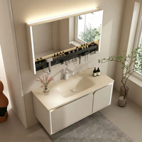Meuble-lavabo de salle de bain en pierre thermoformée intégrée style crème, vasque murale pour salle de bain