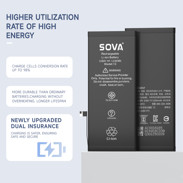 SOVA OEM 0 Cycle Diagnostic Battery for iPhone 12 12Pro 13 14 15 Replacement Battery 100% Battery Health High Capacity Wholesale