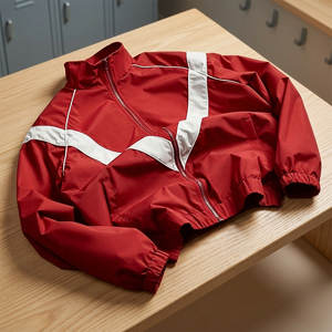 Veste de sport rouge pour homme, style racer, avec rayures blanches, fermeture éclair sur le devant, col montant, coupe-vent, 100% nylon, vêtement d'hiver, à capuche, respirante - Product Image 1