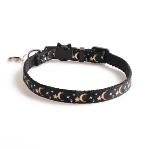 Elegant and Classic Shining Gold Cat Collar Breakaway Safety with Moon and Stars Printing Solid Nylon Material and <b>Bell</b> Tag - Product Image 2