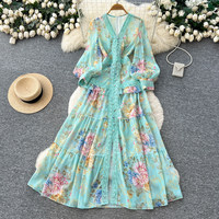 Robe longue décontractée pour femme WIWT, élégante, à imprimé floral, avec dentelle, col en V, manches longues, coupe trapèze, pour tous les jours, les vacances, les soirées