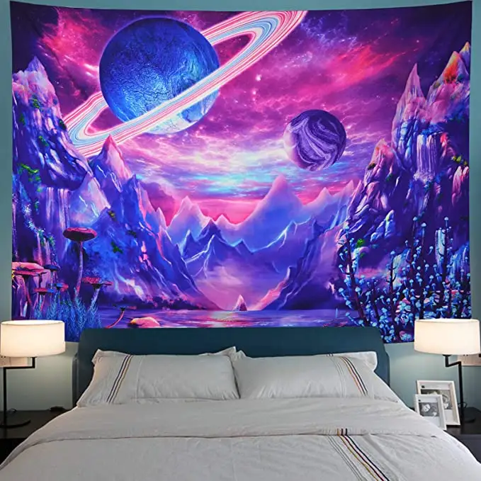 Planet Trippy Mountain Tapestry with Psychedelic Galaxy Space Tapestry Fantasy Mushroom Tapestry Magic River Landscape Tapes
