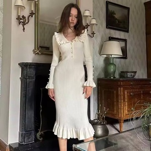 Fabricants de vêtements pour femmes, robe midi vintage, robe en tricot slim pour femmes, automne-hiver, robe décontractée à manches évasées et volants - Product Image 1