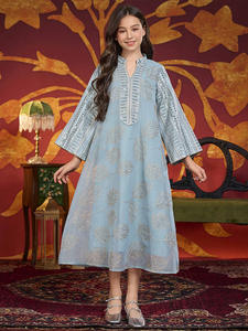 Nouvelles filles musulmanes <span class=keywords><strong>feuille</strong></span> métallique brodé longue Abaya avec col Mandarin bleu clair islamique enfants vêtements - Product Image 6