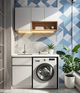 Armoires de blanchisserie minimalistes de haute qualité, armoires de rangement pour buanderie autoportantes, armoires d'évier avec machine à laver - Product Image 2