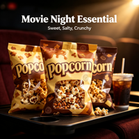 Sachets de Popcorn Personnalisés Écologiques à Fond Carré en CPP avec Fenêtre, Qualité Alimentaire, pour Snacks et Caramel – Vente en Gros