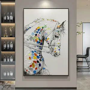لوحة زيتية تجريدية على شكل خيول ملونة حديثة مصنوعة يدوياً عالية الجودة للفنادق