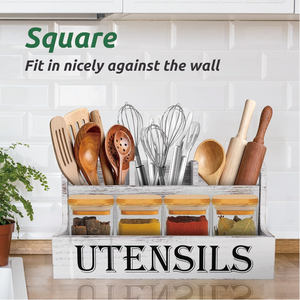 Organisateur d'ustensiles en bois à grain <span class=keywords><strong>blanc</strong></span> extra large Accessoire de comptoir de cuisine de ferme rustique avec techniques de laque - Product Image 2