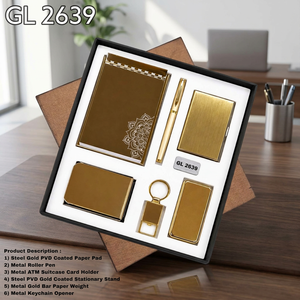 <b>10</b>-Piece Golden PVD Metal Corporate <b>Gift</b> Set Notebook Pen Card Holder Keychain Opener Stationery Stand Paper Weights - Product Image 2