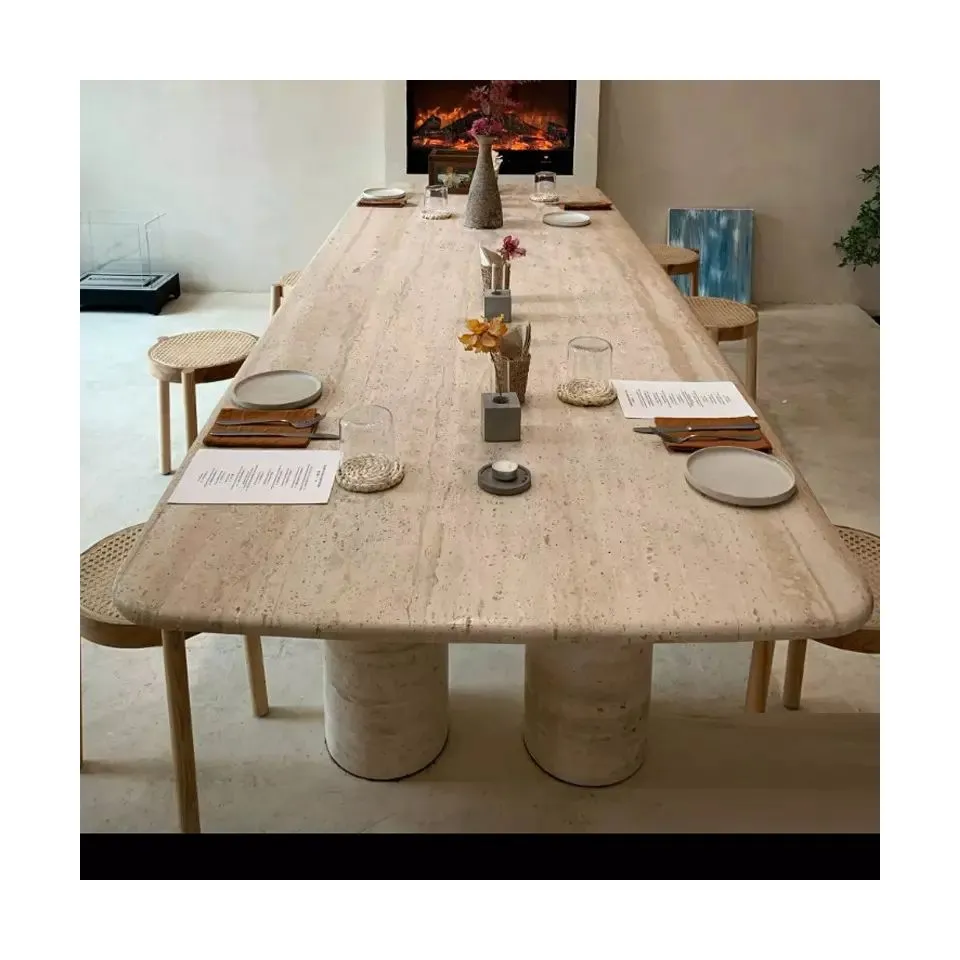 Royal Dining Room Italian Design Large Rectangle Stone Table Top Marble Beige Travertine Dining Table