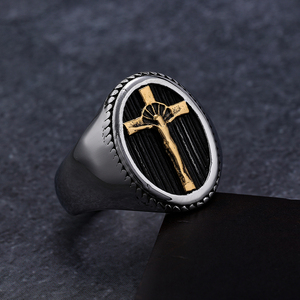 RTS all'ingrosso gioielli religiosi cristiani anello gesù placcato oro croce crocifica anello con sigillo ovale geometrico in acciaio inossidabile - Product Image 1