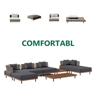 Ensemble de canapés modulaires d'extérieur en teck moderne avec coussins imperméables, résistants aux UV, en rotin PE, design modulaire toutes saisons, OEM disponible