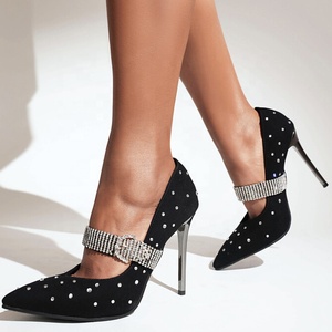 Chaussures à talons hauts élégantes rétro avec sangle ornée de diamants pour femmes, chaussures habillées pour soirée, mariage, à enfiler, grande taille 43 - Product Image 1