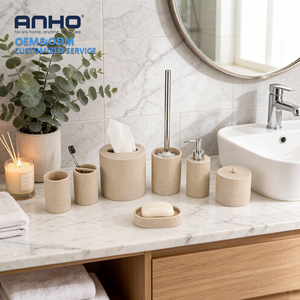 Juego completo de baño de 7 piezas de poliresina de piedra arenisca cálida y neutra, que incluye dispensador, vaso, jabonera y cepillo. - Product Image 4