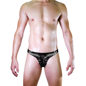 <b>Men's</b> Faux Leather <b>Studded</b> Thong Black Low-Rise Spandex Elastic Drawstring Underwear <b>for</b> Nightlife Spring 2023 - Product Image 1
