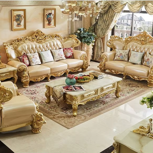 Royal Antique Classic <b>Gold</b> Leather <b>Sofa</b> Set Flower Wood Chesterfield Designs comfort Livig Room <b>Sofa</b> - Product Image 1