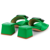 Mules à talons hauts pour femmes, en satin vert, à bout ouvert, ornées de strass, pour soirée, style créateur, à talon épais