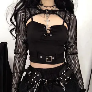 YY1607 estilo punk escuro hoodies sexy net cropped tops mulheres tops de roupas femininas 2024 novas chegadas