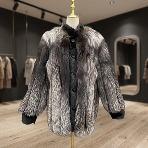 Men's Size Real <b>Silver</b> Fox Fur Collar Waterproof Reversible Bomber <b>Jacket</b> Wholesale Elegant Coat - Product Image 2