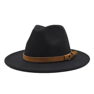 סתיו חורף חדש לחקות צמר שטוח שחור כובע פדורה קצה ישר ג'אז רחב שוליים כובעי פדורה לנשים