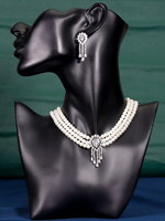 Bride Talk Ensemble de bijoux de luxe en zircon et perles, collier, boucles d'oreilles, bracelet et bague à motif éventail et pompon, 4 pièces, bijoux de mariage