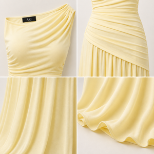 Vestido de Dama de Honor Maxi de Chifón Asimétrico con Hombro Descubierto y Corpiño Fruncido A&J para Mujer, Amarillo Mantequilla, Proveedor GRS con Logotipo Personalizado - Product Image 2