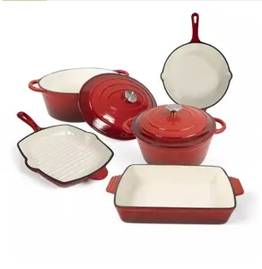 Bright Smooth Red Color Enamel Covering Cast Iron Cookware Set Customized Kitchenware Casserole Frypan And Roaster