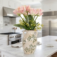 Vintage Landhausstil Künstliche Rosa Tulpen-Blumenarrangements, Grüne Blätter Seiden-Blumen Tischdekoration mit Doppelgriff-Keramikvase